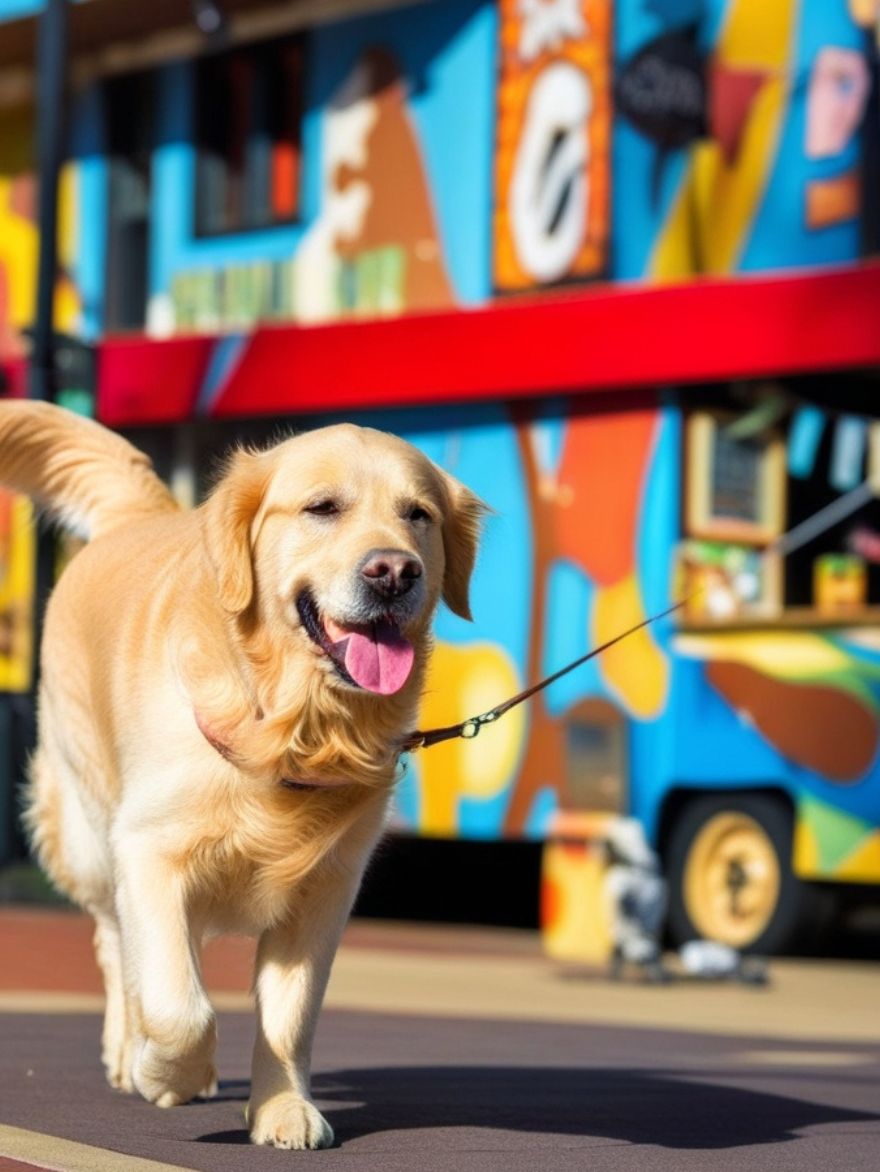 Golden retriever dog walking on a leash, strolling past vibrant murals and food trucks in downtown Austin, Texas.