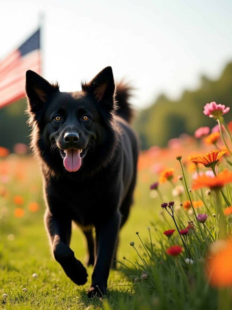 black dog walking in dallas tx with flowers and USA flag