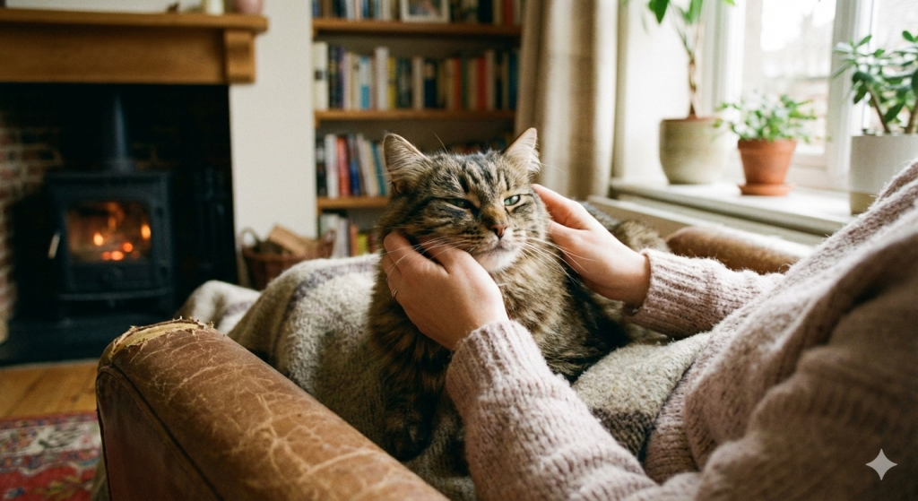 Relaxed tabby cat at home with an in-home pet sitter, showing calm, comfortable pet care