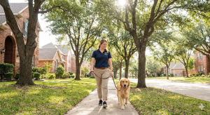 A professional providing Plano pet sitting services walks a golden retriever on a leash along a tree-lined sidewalk in a sunny residential Plano neighborhood, wearing a navy polo shirt and khaki pants and smiling during the visit.