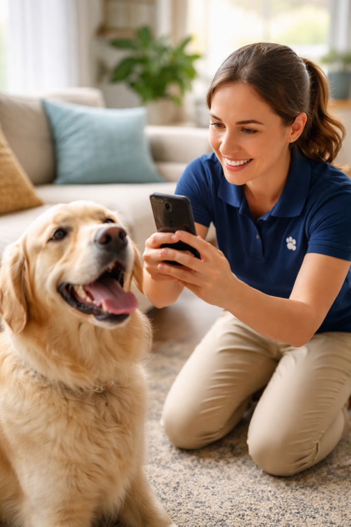 A Plano pet sitting professional taking a photo of a happy golden retriever to send to the pet parent