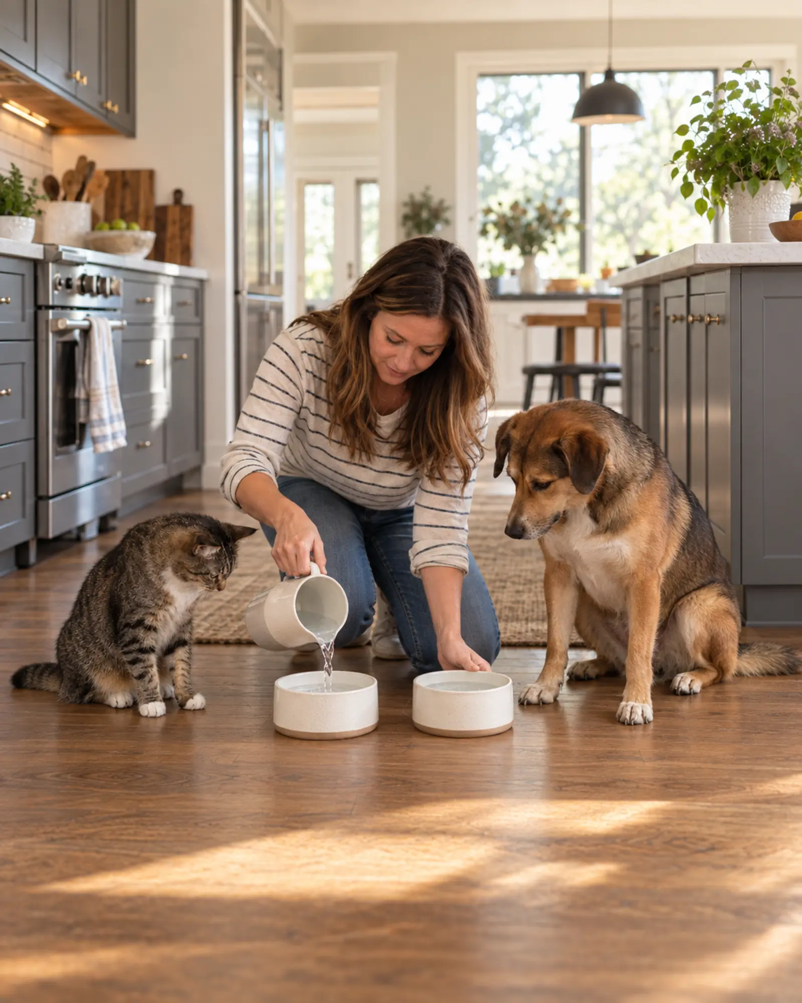 Pet caregiver refilling water bowls for a cat and dog in a home kitchen.