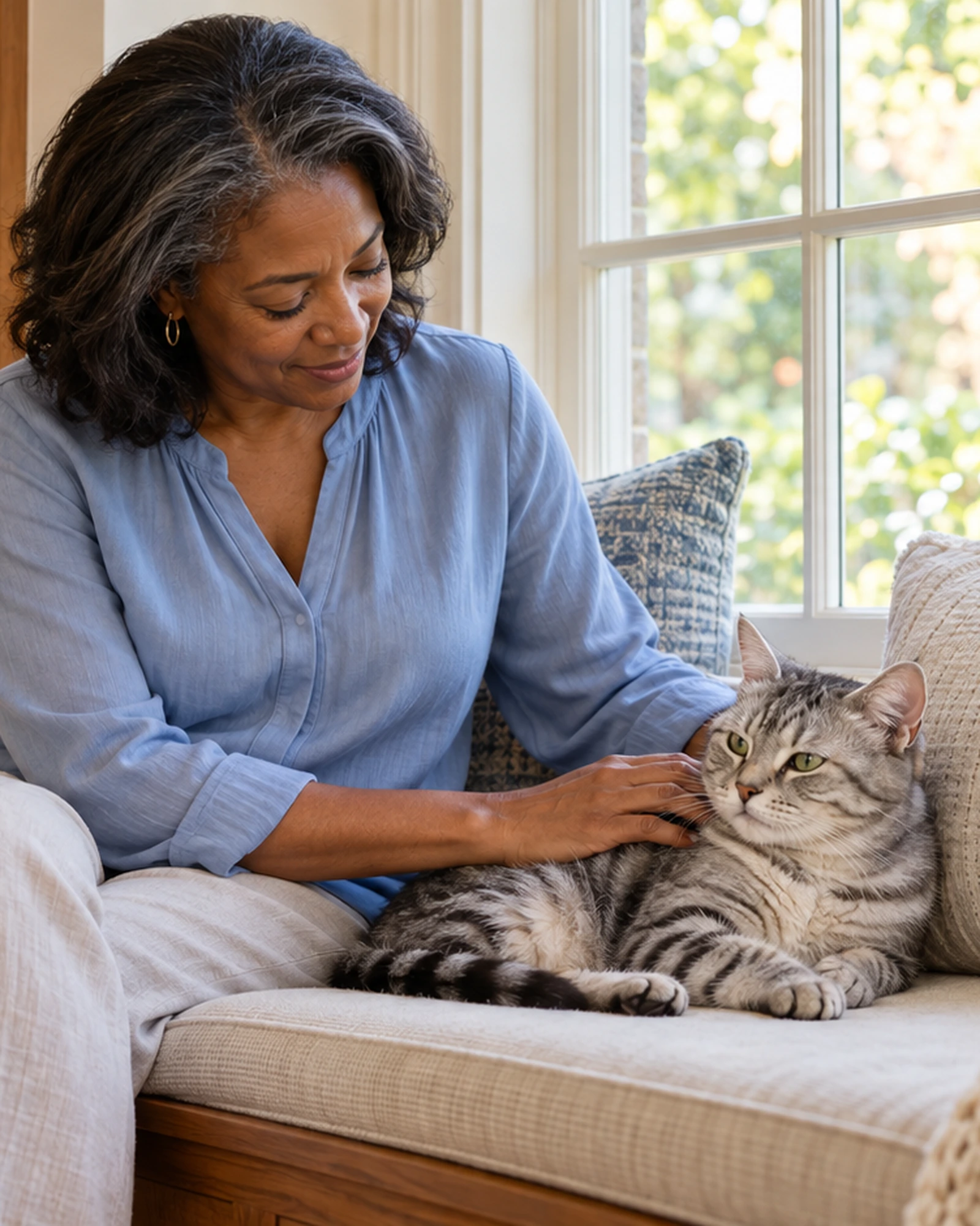 Adult gently petting a tabby cat resting on a window bench in a comfortable home.