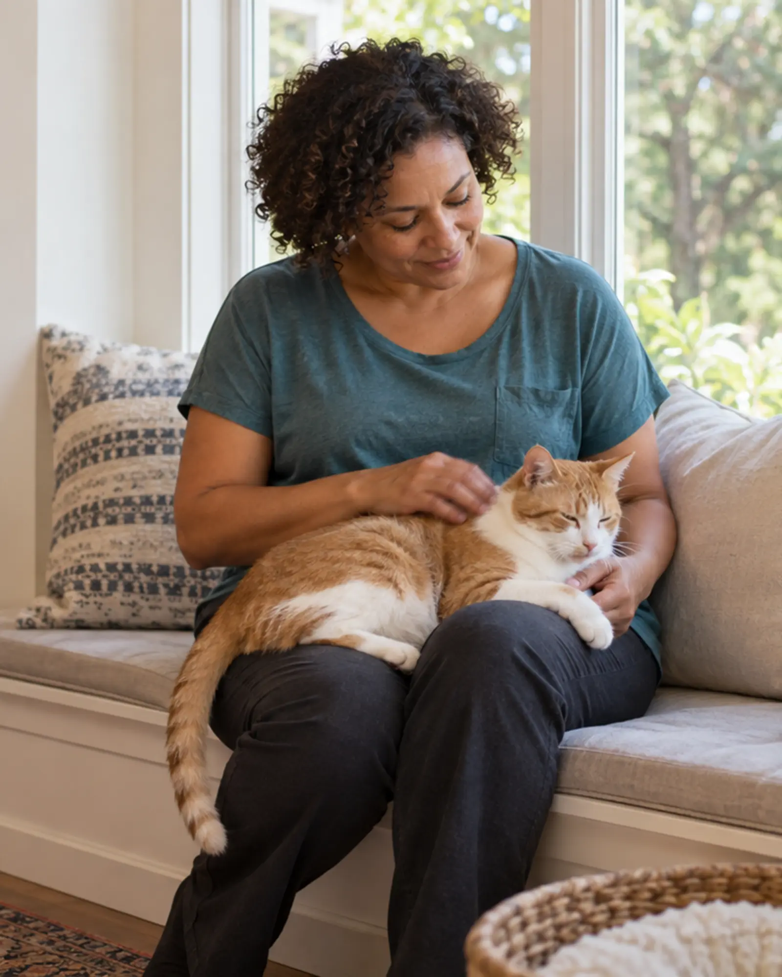 Pet caregiver gently stroking an orange-and-white cat on a window seat.