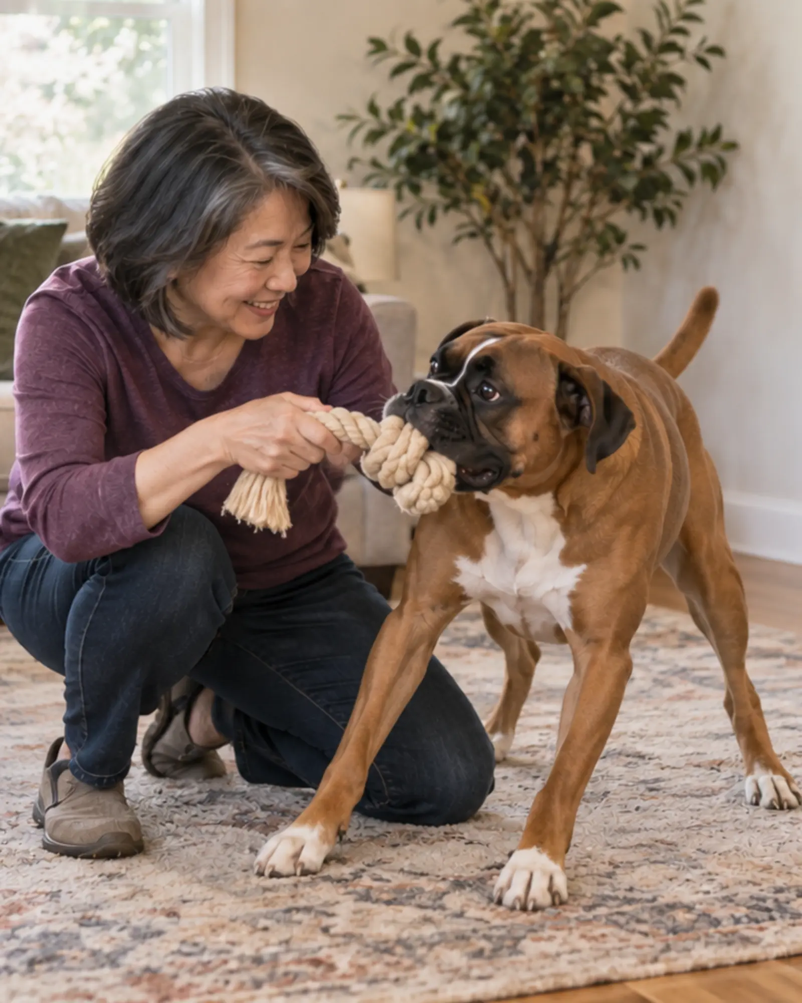 Pet caregiver playing tug-of-war with a boxer in a home living room.
