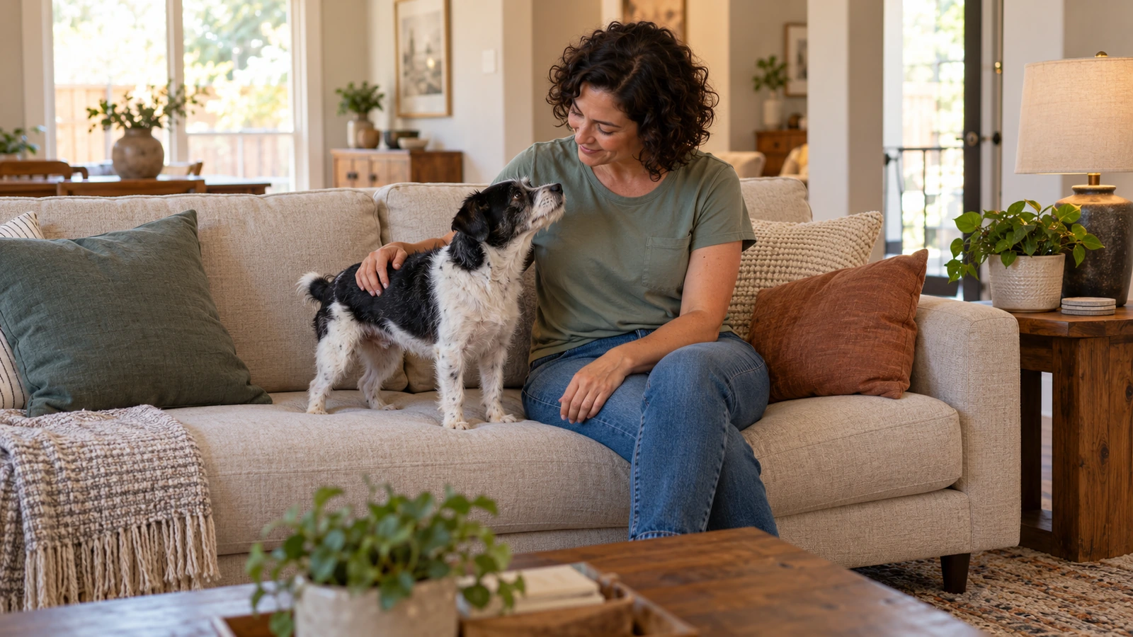 An adult gently pets a small black-and-white dog on a sofa at home.