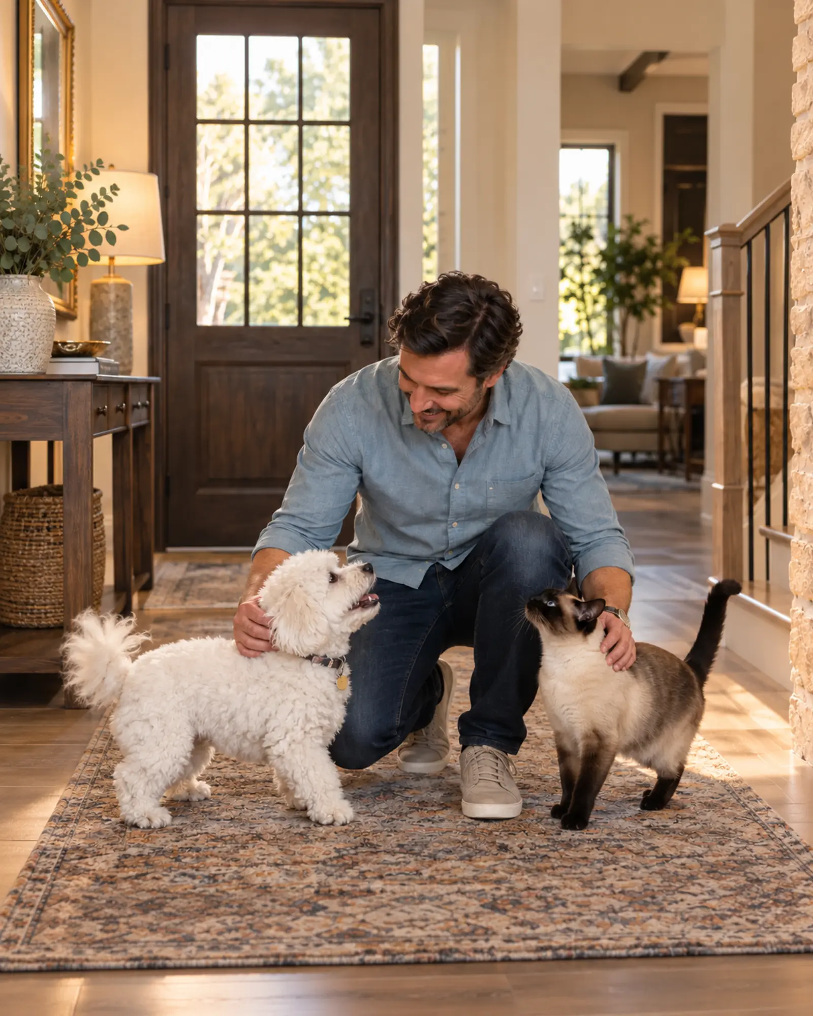 A visitor greeting a small dog and a cat together in a Frisco home entryway.
