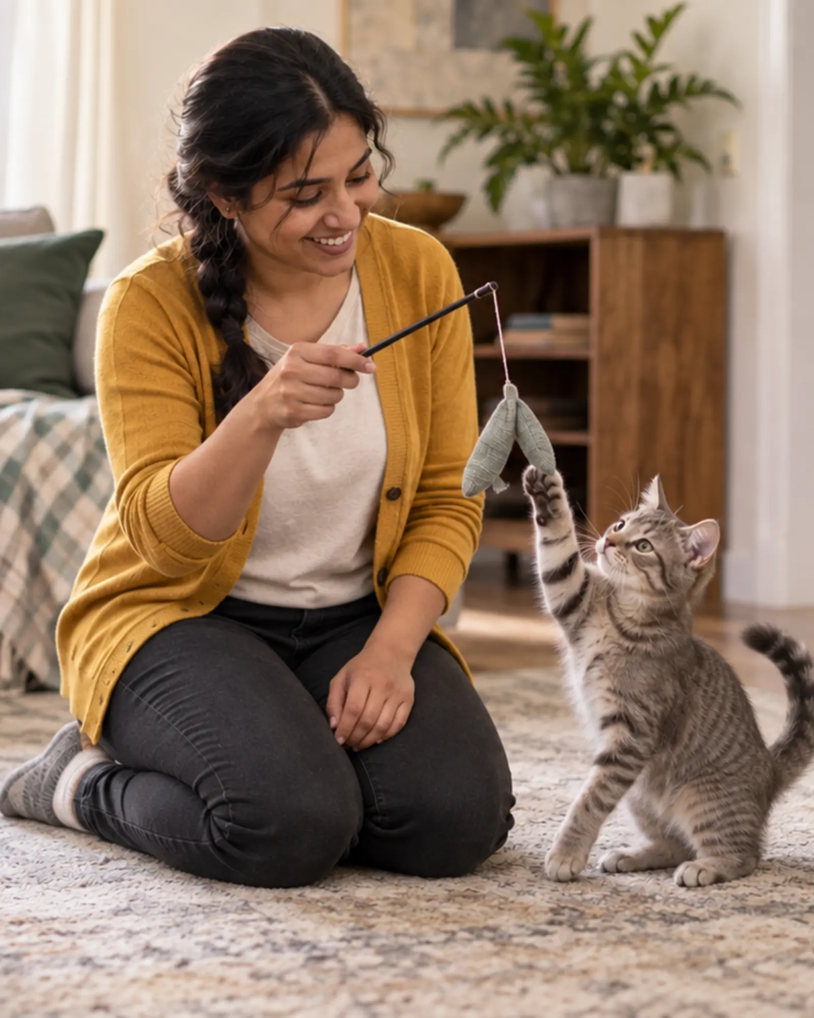 Woman playing with a grey tabby cat using a wand toy in a home den.