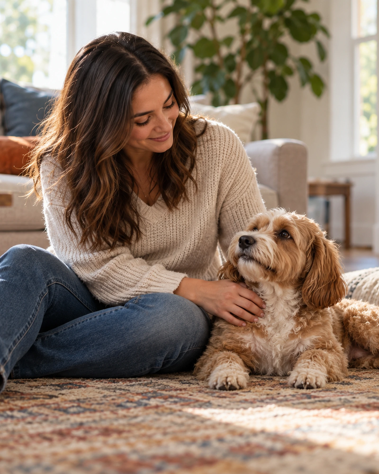 Adult sitting beside and gently petting a small dog in a sunlit living room.