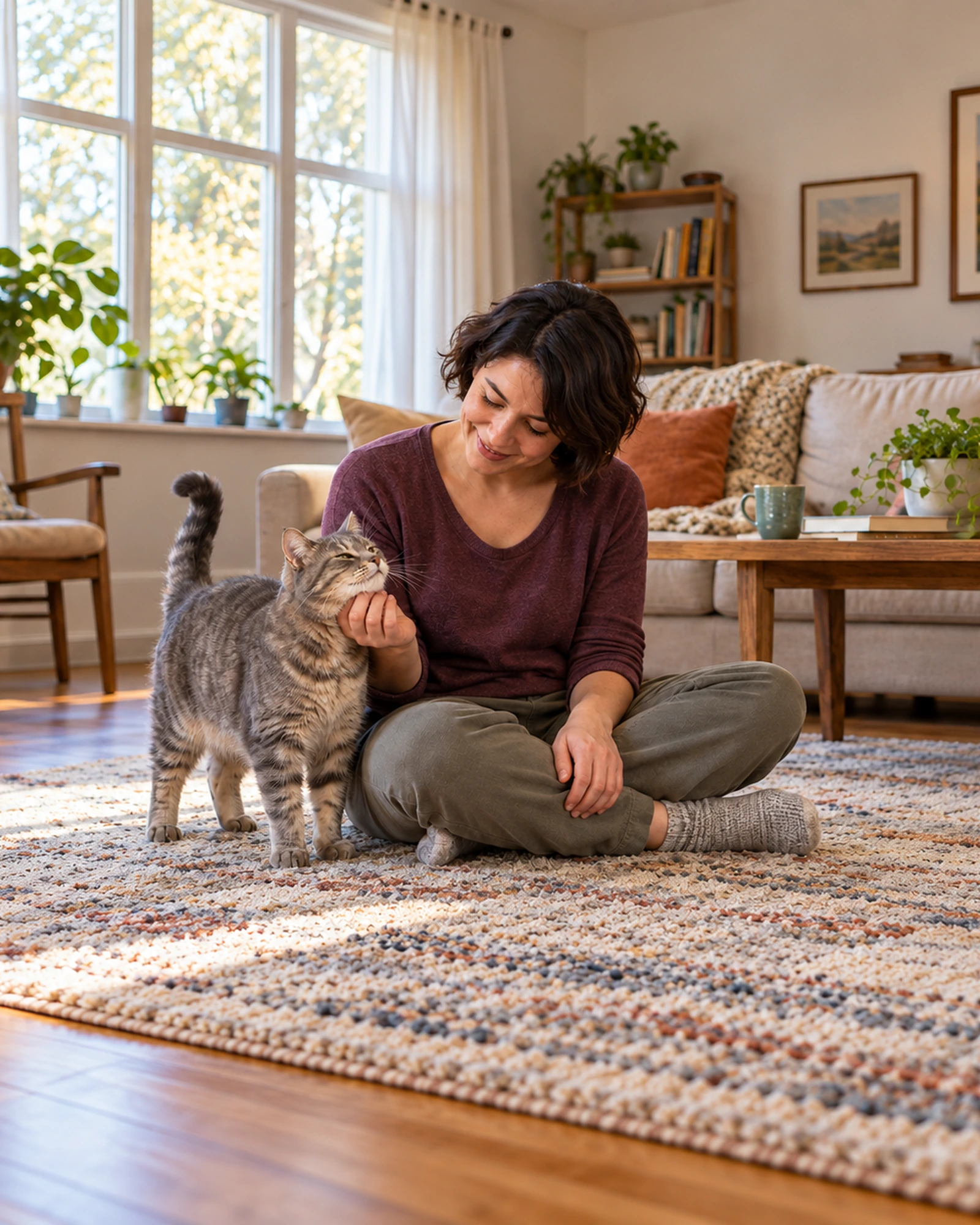 Woman sharing a quiet indoor moment with a gray tabby cat.