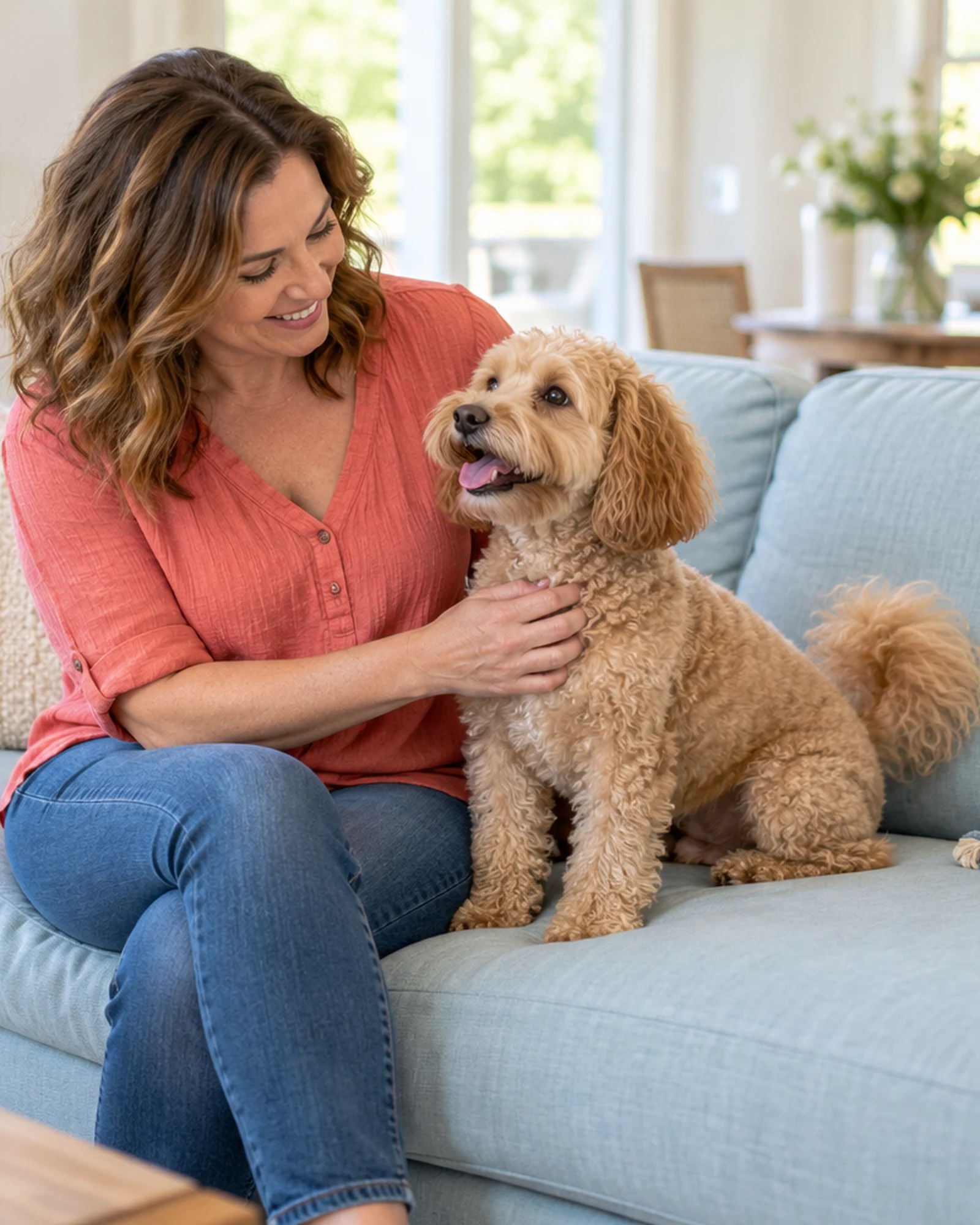 A woman sitting on a light blue sofa in a bright living room, gently petting a small apricot-colored poodle-type dog beside her.